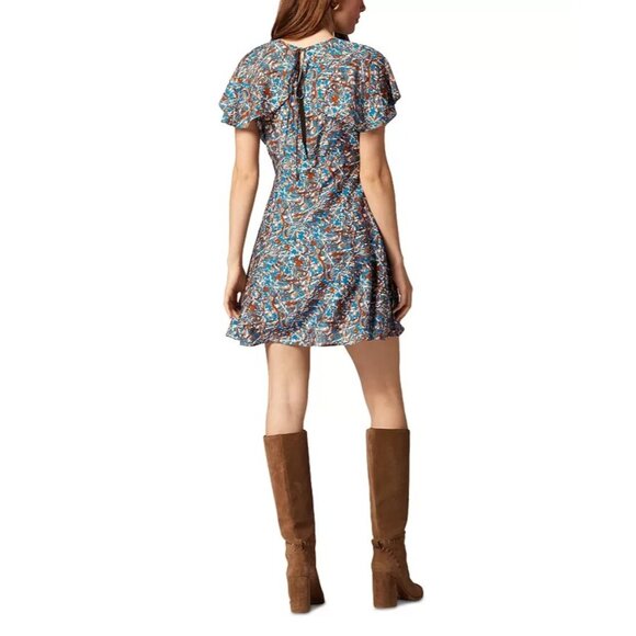 Joie Hunter Mini Dress Women's 10 Fjord Blue Multi Print Silk Blend Fit & Flare - Picture 3 of 4